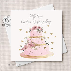 Biglietto di auguri con torta rosa e cuori per matrimonio, felicità nel giorno delle nozze / Biglietto personalizzato con cornice / Quadrato 6x6" 8x8" Lucido Deluxe Alta Qualità 420 g/m²