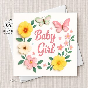 Tarjeta/Póster de Mariposas para Bebé Recién Nacido. Niña / Rosa / Personalizable / Ilustración infantil adorable / Acabado de lujo. Cuadrado. 15x15x20 cm.