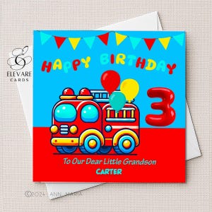 Bubble Fire Engine Birthday Card, Poster. Personalised, Baby, Toddler, Kids, Son, Grandson, Granddaughter, Daughter. Luxury Square 6x6-8x8"