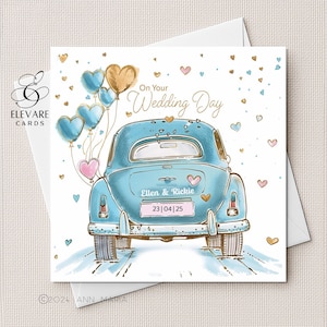 Biglietto di nozze, auto blu retrò vintage, nel giorno delle tue nozze / Biglietto personalizzato da incorniciare / Quadrato 6x6 8x8" Lucido Deluxe Alta qualità 420 g/m²