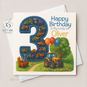 Carte d'anniversaire de tracteur agricole de trois ans | Poster. Carte personnalisée pour tout-petits et garçons. Fils, petit-fils, frère, neveu. 6x6-8x8 carrés de haute qualité