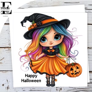 Cartão de Feliz Dia das Bruxas, Pequeno Chibi Caldeirão Abóbora Bruxa Saudação Aniversário Gloss Deluxe 420gsm Personalizável - Tamanhos, Volume 5x5 - 6x6 - 8x8