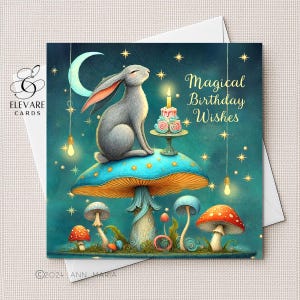 Souhaits d'anniversaire d'un lièvre assis sur un champignon, carte de voeux fantaisiste, maman, petite-soeur, petite-fille finition brillante de luxe 420 g personnalisé