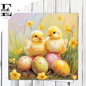 Ostern Frühling Küken Karte | Küken mit Narzissen-Blumen personalisierte Spaß-Karte/Poster | Glossy Finish Deluxe High Grade Karte & Poster 420gsm