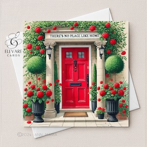 NEW HOME personalizado, porta vermelha vintage, No Place Like Home. Cartão de felicitações colorido. Tamanhos 6x6 8x8" Acabamento brilhante Deluxe High Grade 420gsm
