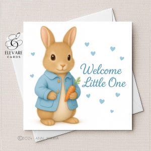 Neue Baby-Kaninchen-Karte | Plakat. Willkommen Little One |Baby Boy |  Personalisiert werden | Kinderzimmer Illustration Luxus Finish Sq. 6x6 8x8"