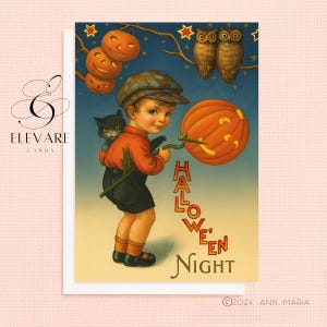Noite de Halloween Vintage | Menino Segurando Lanterna de Abóbora | Cartão de Saudações Retrô, Peculiar e Excêntrico | Impressão em Pôster | A5 A4 | Brilho de Qualidade Deluxe