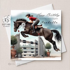Biglietto/poster per salto ostacoli, amanti dei cavalli, biglietto di compleanno personalizzato per figlia e sorella, 15x15 cm, finitura di alta qualità, 420 g/m²