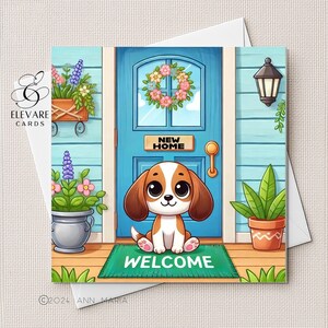Cartão de felicitações colorido personalizado "NOVA CASA", "Cachorro fofo", "Casa nova feliz em movimento". Escolha 15x15x15 cm ou 20x20 cm, acabamento brilhante de luxo, alta qualidade, 420 g/m².