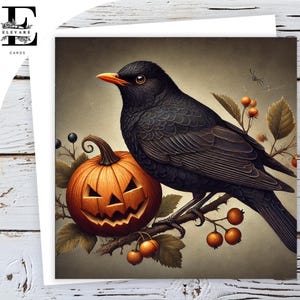 Künstlerische Halloween Amsel Beeren und Kürbis Kunst, Vintage inspirierte Malerei 6 x 6 / 8 x 8 "Hochglanz Deluxe Grade 420gsm Kann Anpassen