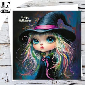 Cartão de Feliz Dia das Bruxas, Chibi Rainbow Color Haired Witch Greeting Birthday Gloss Deluxe 420gsm Personalizável - Tamanhos, Volume 5x5 - 6x6 - 8x8