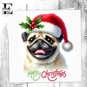 Eine Mops Weihnachtskarte, lustige Haustierkarte, Hund trägt eine Weihnachtsmütze. Für Hundeliebhaber Sie oder Ihn. Wählen Sie zum Anpassen 6x6 8x8,6 5x5 Massenkauf.
