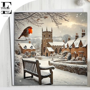 Winter Wonderland English Countryside & Rotkehlchen, Weihnachtskarte Schnee Vintage Artwork. Leere Karte, wählen Sie besonders anfertigen 6x6 8x8,6 5x5 Schütt