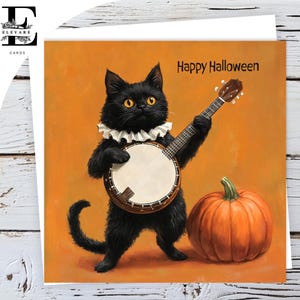 vintage Happy Halloween chat noir citrouille et banjo voeux/carte d'anniversaire. Brillant de luxe 420 g/m² personnalisable - Formats, Vrac 5 x 5 - 6 x 6 - 8 x 8