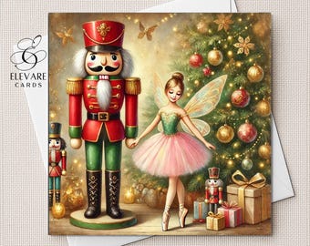 The Nutcracker and The Sugar Plumb Fairy, Christmas Tree, Beautiful Christmas Card, Artwork. Blank Card, Choose Customise 6x6 8x8,6 5x5 Bulk