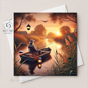 Fischen in der Abenddämmerung. Geburtstag, Vatertag Für Papa, Daddy, Sohn, Enkel. Glänzendes Finish, besonderer Tag, quadratische Deluxe-Karte, personalisiert