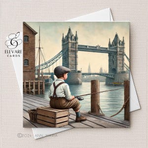 Bermondsey Boy Fishing uit de jaren 40. Verjaardagskaart vader Vaderdag. Rustig, schilderachtig tafereel bij de Theems. Deluxe vierkante kaart, poster personaliseren