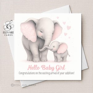 nouvelle carte bébé éléphant | Affiche Bonjour bébé | Rose | Peut être personnalisé | Illustration mignonne de chambre d'enfant | Carte carrée de haute qualité 6 x 6 8 x 8 po.