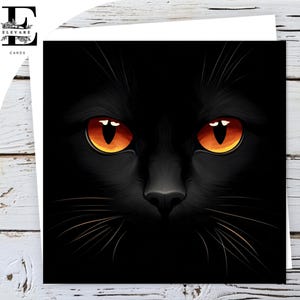 Carte d'Halloween, chat noir mystique, visage intégral, yeux oranges, voeux d'anniversaire brillant de luxe 420 g, tailles personnalisables, volume 5 x 5 6 x 6 8 x 8