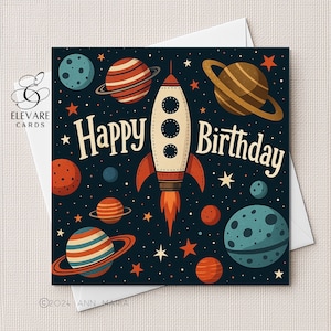 Space & Planets Rocket Geburtstagskarte, Sohn, Enkel, Bruder, Neffe Illustration Kunstwerk ein Kindergeburtstag mit glänzender Oberfläche für jedes Alter