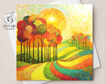 May include: A colorful art print of a landscape with trees and rolling hills. The trees have red, orange, and green foliage. The hills are striped with yellow, green, and red. The sun is a bright yellow mosaic. The text "ELEVATE CARDS" is in the upper left corner.
