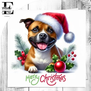 Um Staffordshire Bull Terrier usando um chapéu de Natal. Um cartão de Natal divertido para amantes de cães. Ela, ele, escolha, personalize 6x6 8x8,6 5x5 Compra em massa