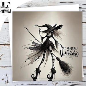 Happy Halloween Karte, wunderlich, Funky lange dünne Baum-Hexe, Gruß-Geburtstags-Glanz Deluxe 420gsm kundengerecht, Größen, Massen 5x5 - 6x6 8x8