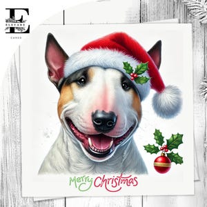 Een kerstkaart van de Bull Terrier, een schattige hond met een kerstmuts. Hondenliefhebbers, hem of haar, kiezen ervoor om aan te passen 6 x 6 8 x 8,6 5 x 5 in bulk kopen.