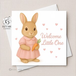 Tarjeta/Póster de Conejita Recién Nacida. Bienvenida/Bebé rosa personalizable. Bonita ilustración para habitación infantil. Alta calidad, tamaño cuadrado (6x6 y 8x8).