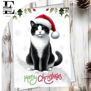 Chat noir et blanc portant un chapeau de Noël. Carte de Noël, joyeux Noël. Pour les amoureux des chats de tous âges. Choisissez Personnalisé, A5, 6x A6