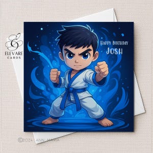Karate Jungen Martial Arts Geburtstagskarte, Sohn, Enkel, Bruder jeden Alters, Kinder Cartoon Kunstwerk für einen besonderen Tag des Kindes, hochwertiges Glanzfinish
