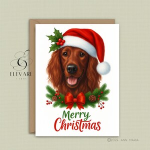 Un chien setter rouge coiffé d'un chapeau de Noël Une carte à encadrer | affiche | Traditionnelle | Brillant de haute qualité | A5 A4 A3 + Lot de 6 A6