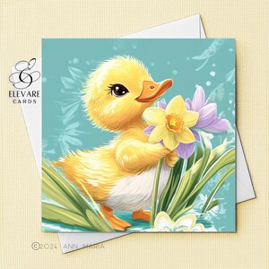 Biglietto di auguri pasquale con pulcino primaverile / Biglietto di auguri personalizzato con pulcino e fiori di narciso / Poster / Carta di alta qualità deluxe con finitura lucida, quadrata, 420 g/m²