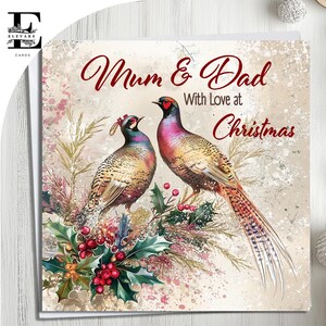 Fagiano in un agrifoglio. Mamma e papà, moglie e marito biglietto di Natale. Scegli Personalizza, biglietto anteriore e interno 6x6 8x8,6 5x5 RISPARMIA Acquisto all'ingrosso