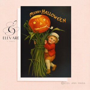 Criança vintage de Halloween com abóbora Jack O' Lantern | Cartão comemorativo retrô peculiar e excêntrico | Impressão em pôster | A5 A4 | Brilho de qualidade de luxo