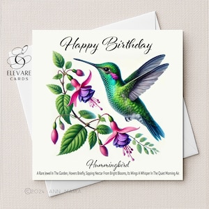 Humming Bird & Nectar Flower | Watercolour UK Woodland Wild Bird, Greeting Card | Poster Print | Verse | 6x6 8x8" High Quality Deluxe Gloss