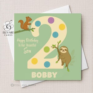 d'anniversaire de 2 ans | Affiche. Motif paresseux numéro 2 et nom personnalisé. Carte pour garçons, filles, petit-fils. Qualité carrée 6x6-8x8