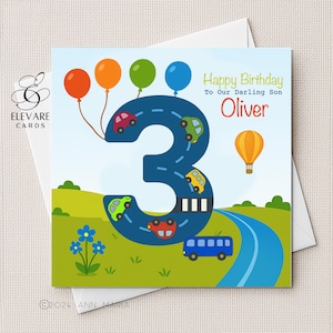 Alter drei Geburtstagskarte | Plakat. Nummer 3 Straßenauto & personalisierter Name. Karte für Jungen, Mädchen, Sohn, Enkel, Bruder. Qualität eckig 6x6-20x20cm