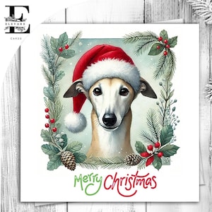 Cão Greyhound usando um chapéu de Natal. Um cartão de Natal divertido para todos os amantes de cães. Ela ou ele. Escolha personalizar 6x6 8x8,6 5x5 Compra em massa.