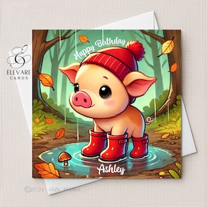 Kinderzimmer Ferkel In Gummistiefel Cartoon Geburtstagskarte. Personalisiert, Baby, Kleinkind, Kinder, Her Him. Tochter, Enkel. Luxuriöse quadratische Karte 15x15cm