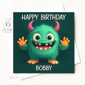 Petit monstre vert, carte d'anniversaire d'enfant. Personnalisé, bébé, tout-petit, enfants, elle lui. Carte carrée luxueuse fille, fils, petit-fils 6 x 6-8 x 8 po.