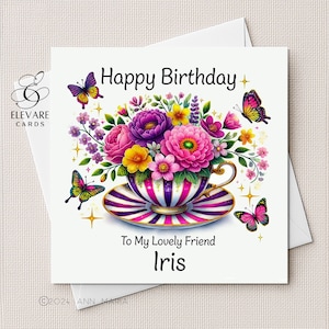 Tarjeta con una hermosa taza de té con flores y mariposas para cumpleaños, compromisos, aniversarios, celebraciones y agradecimientos. Brillo Deluxe, 420 g/m². Tamaños: 15,2 x 15,2 x 20,3 cm.