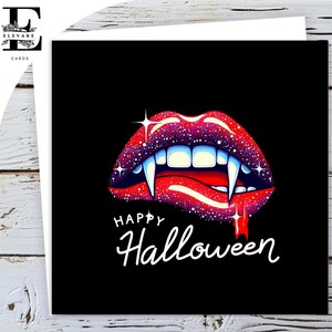 Joyeux Halloween, dents de vampire, des bonbons ou un sort, carte d'anniversaire minimaliste brillante de luxe 420 g/m² personnalisable - tailles en vrac 5 x 5 - 6 x 6 - 8 x 8