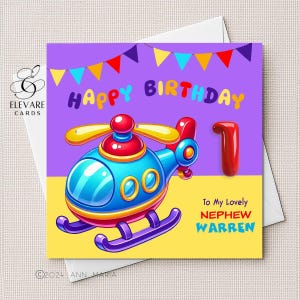 Tarjeta de cumpleaños con diseño de helicóptero de burbujas, póster. Personalizada para bebé, niño pequeño, niño, hijo, nieto, nieta o hija. Cuadrada de lujo de 15x15-20x20 cm.