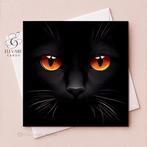 BLACK CAT Orange Augen Schönes Gesicht Porträt | Blanko Karte |Poster | Für alle Katzenliebhaber. Sie, Ihn, Personalisiert | Quadratisch. 6x6 8x8 11,5X11,5