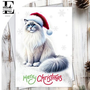 Boneca de pano gato usando um chapéu de Natal. Feliz Natal. Um cartão de Natal divertido para todos os amantes de gatos. Todas as idades, escolha personalizar - A5, 6x A6