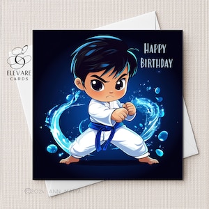 Tarjeta de cumpleaños de artes marciales para niños de karate, para hijo, nieto o hermano de cualquier edad. Dibujo animado infantil para el día especial de un niño. Acabado brillante de alta calidad.