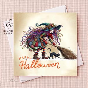 Halloween funky jonge heks bezem & kat, eigenzinnig, grillig, framebaar wenskaart | Posterafdruk | 6 x 6 8 x 8 inch, luxe, hoogwaardige glans