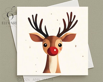 Rudolf Rendier met de Rode Neus | Mooie Hert Kerstkaart | Poster, Winterbos | Gepersonaliseerd | Blanco. Hoogwaardige vierkante kaart van 5x5, 6x6 en 8x8 inch.