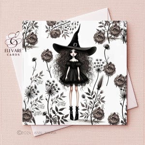 Giovane strega alla moda per Halloween. Divertente, eccentrico, bizzarro, originale biglietto d'auguri da incorniciare/stampa poster/15x17 cm, lucida di alta qualità.